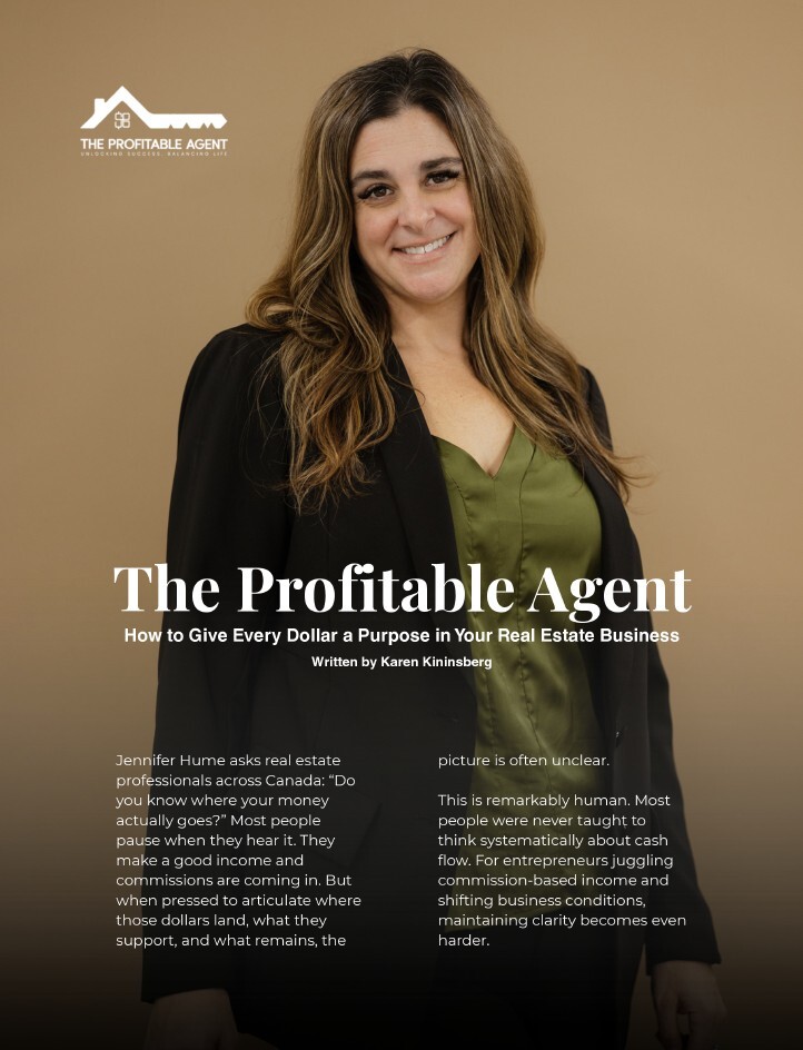 Magazine-style page titled The Profitable Agent, How to Give Every Dollar a Purpose in Your Real Estate Business, with Jennifer Hume in a black blazer over an olive top and The Profitable Agent logo at the top left